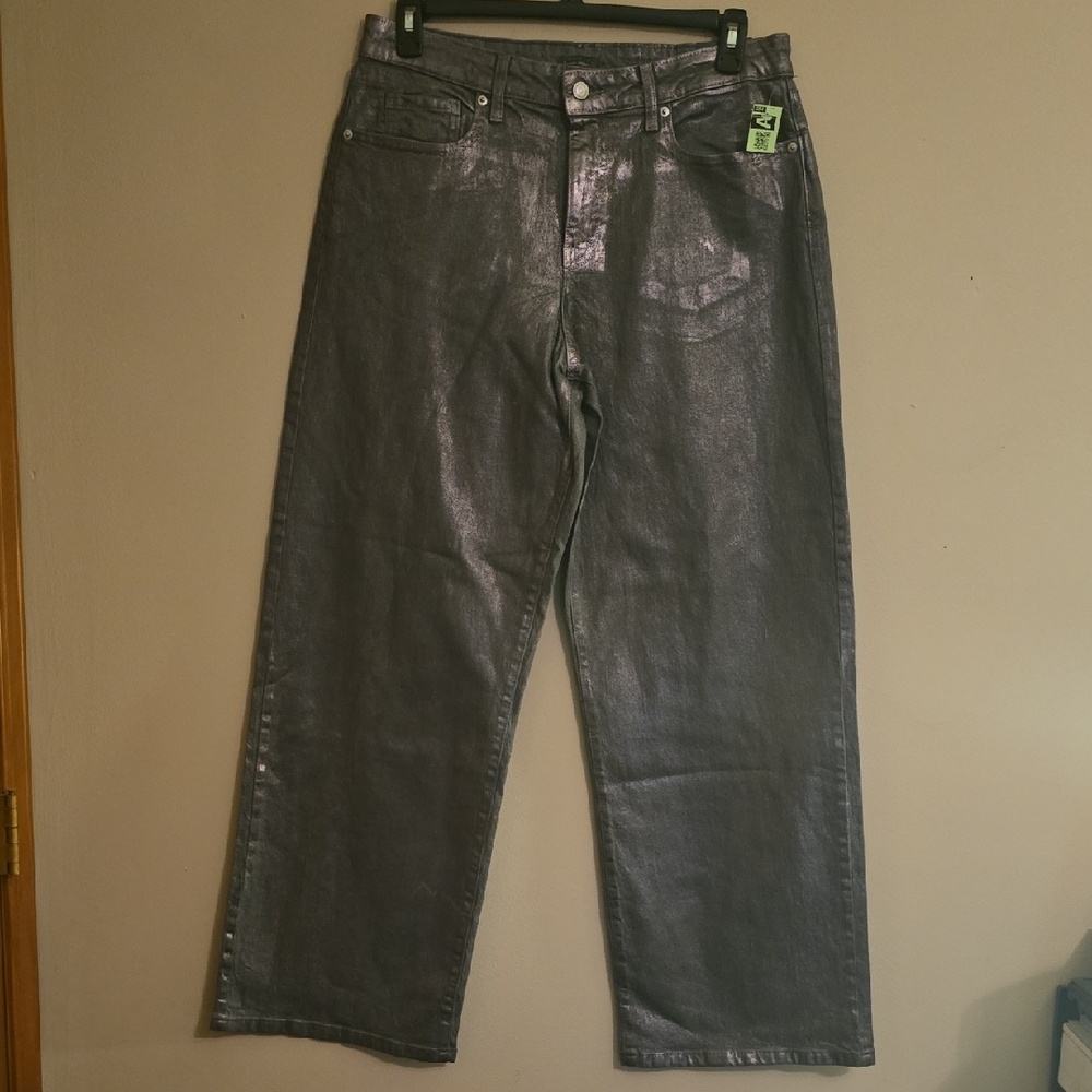 New Wild Fable Women Size 12 Metallic Silver Wide‎ Leg High-rise Baggy Jean